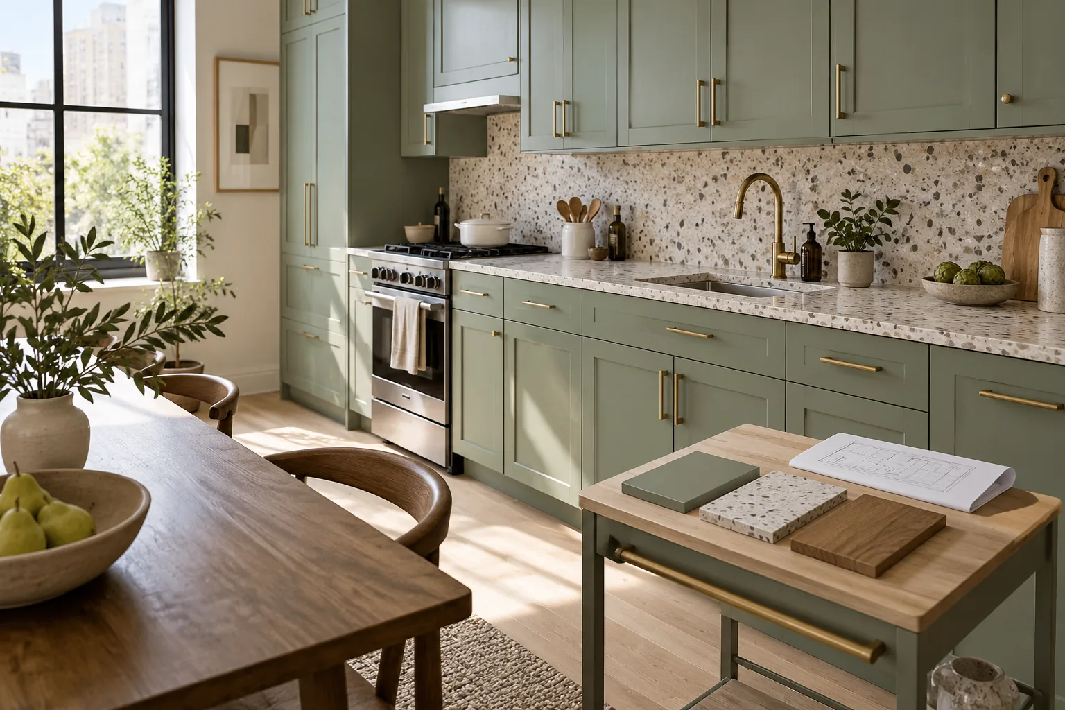 Sage kitchen cabinets with a terrazzo backsplash and door samples beside a blank plan