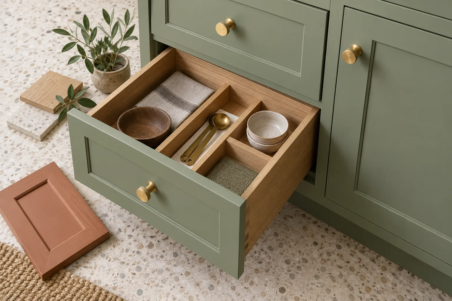 Open oak drawer with dividers in a sage cabinet beside terracotta and stone samples